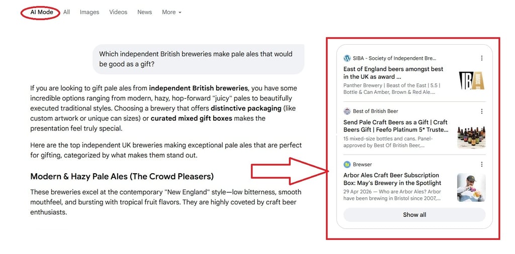 Google AI Mode answer about independent British breweries, showing the question, AI response and supporting links.