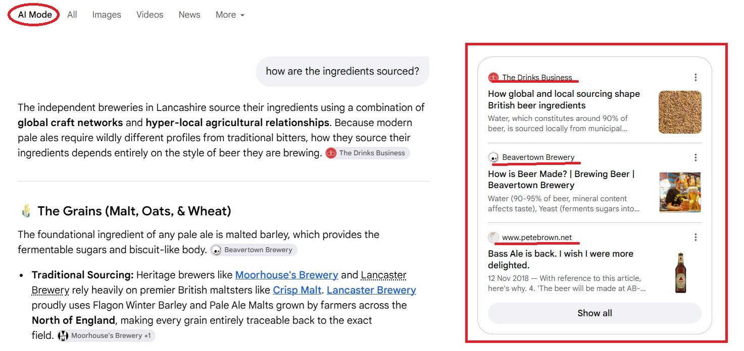 
Google AI Mode answer about how breweries source ingredients, showing linked brewery names and supporting sources from publications and brand websites.