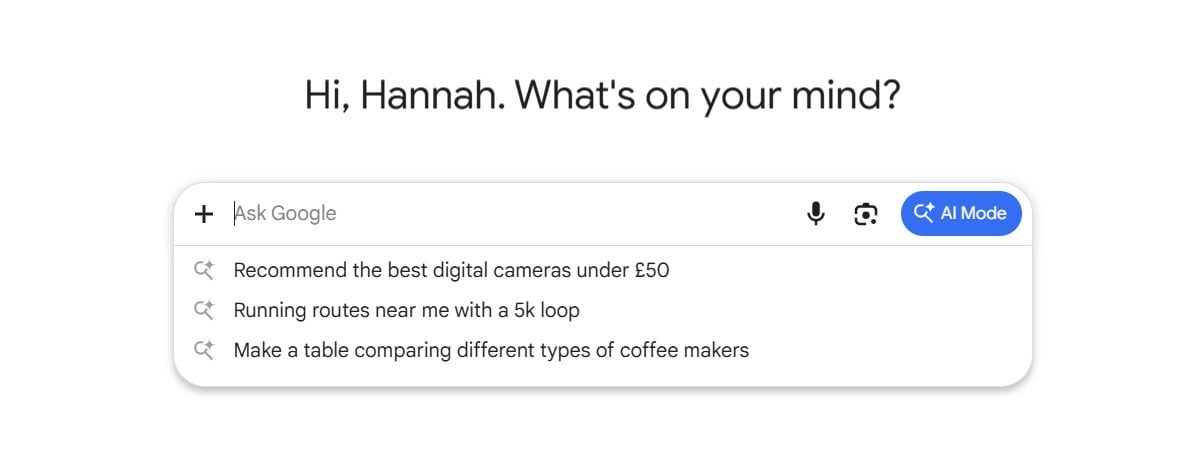 Google search box with an AI Mode button and suggested questions about cameras, running routes and coffee makers.